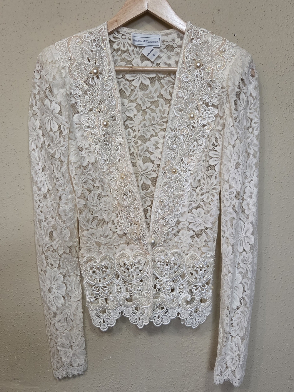 Vintage Jessica McClintock Womens 4 Ivory Lace Beaded Jacket